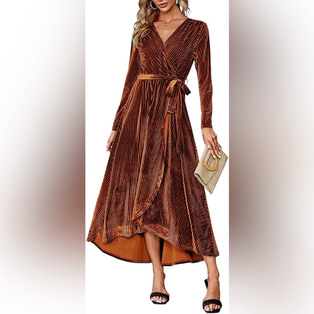 BERRYGO fall midi rust ribbed high long long sleeve V front wrap tie dress NWT
